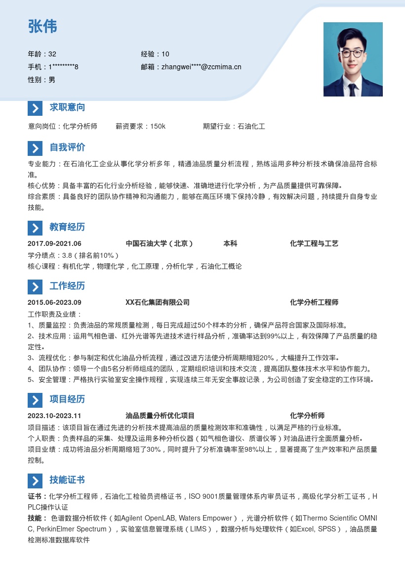 化学分析岗位丰富石化经验简历模板