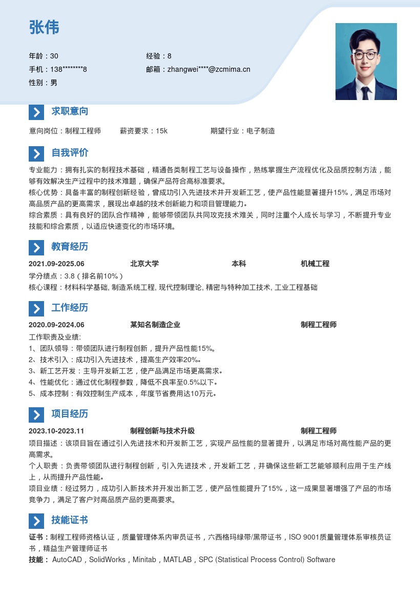 制程工程师带领团队创新开发工艺简历模板