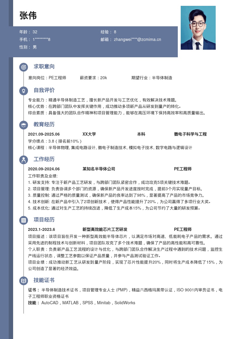 半导体企业PE工程师新产品研发简历模板