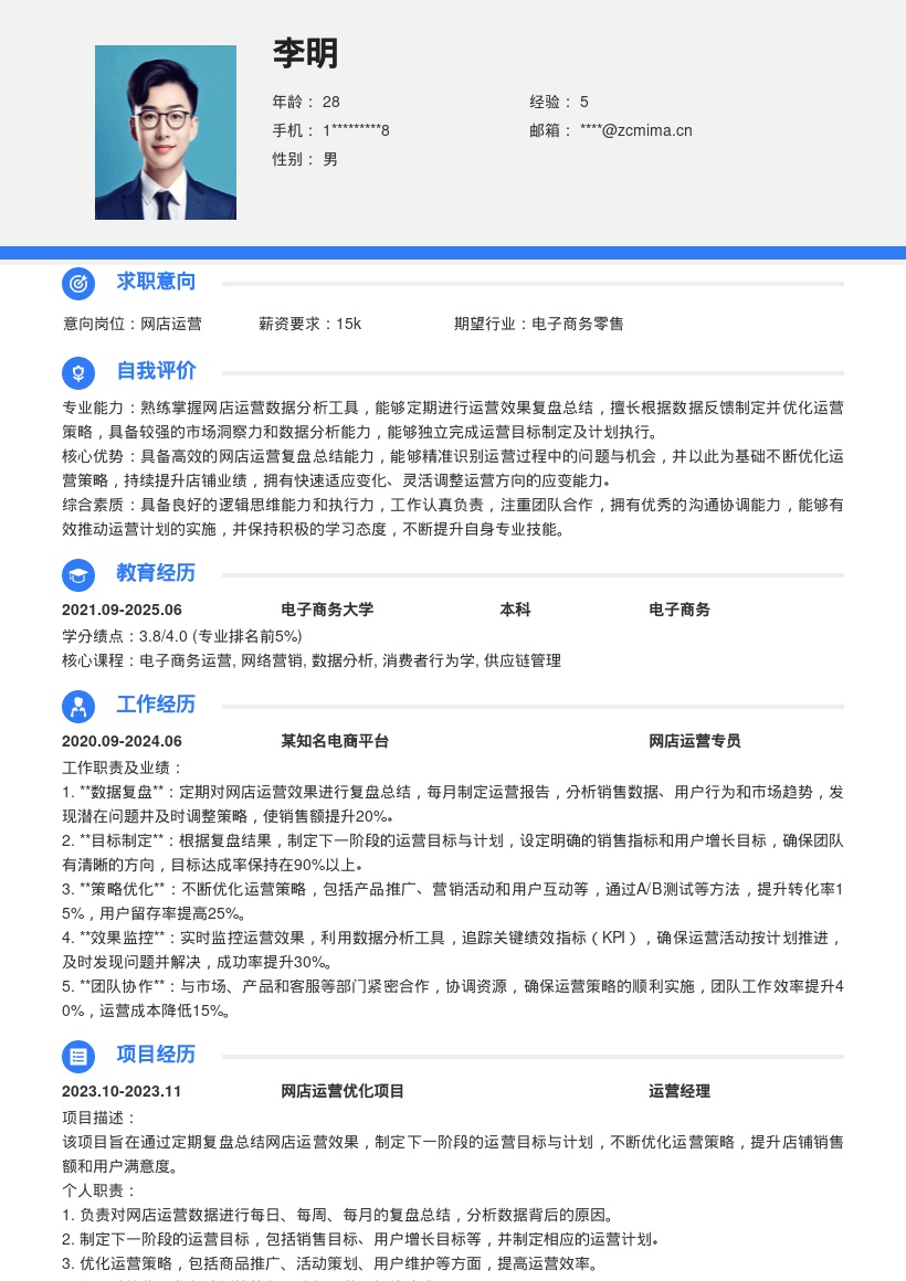 网店运营岗位复盘优化型简历模板