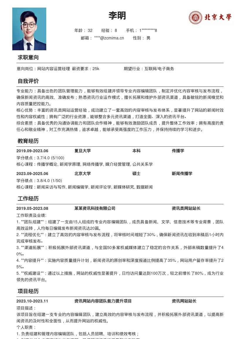 资讯类网站站长岗位简历模板含工作亮点 