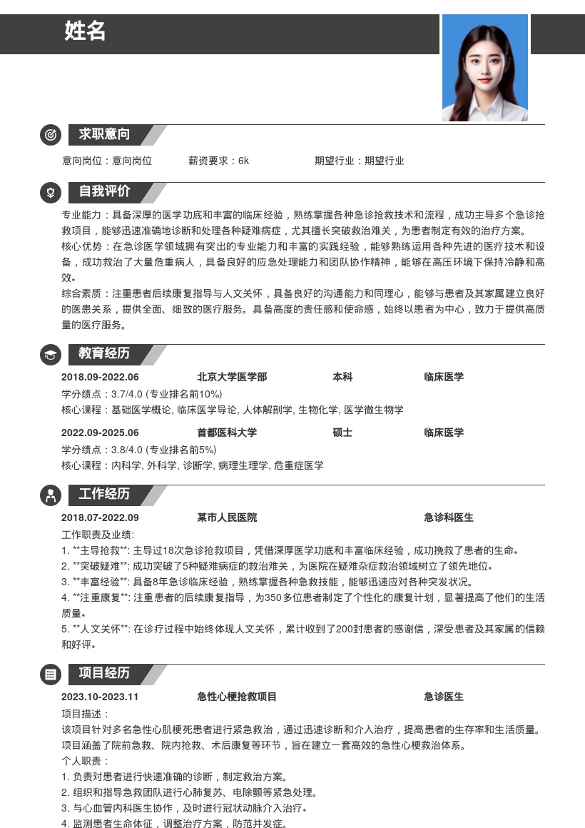 急诊医生突破疑难病症人文关怀简历模板