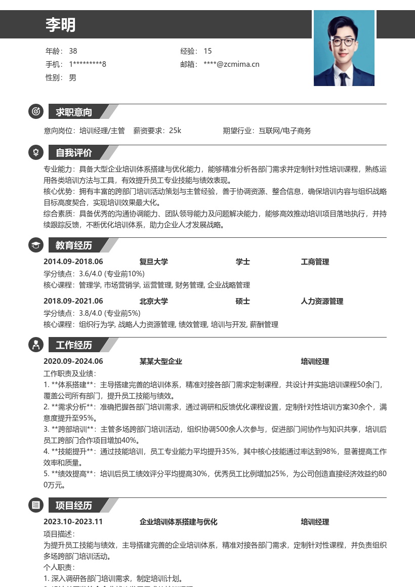 培训经理主管搭建体系定制课程简历模板