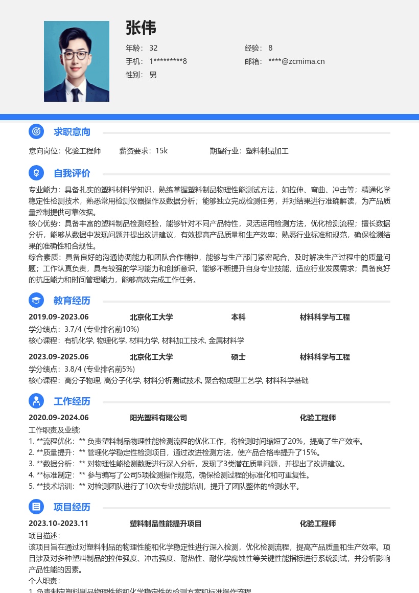 塑料加工企业化验工程师简历模板