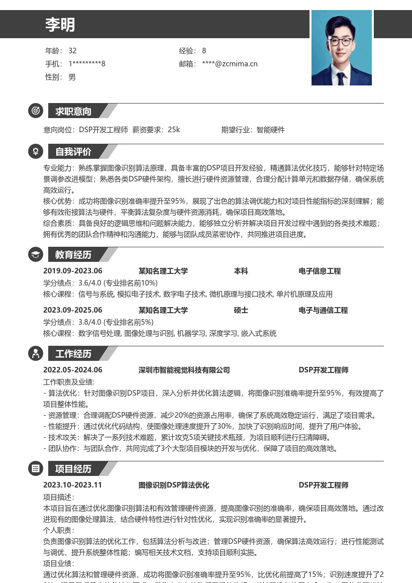 DSP开发图像识别算法优化简历模板