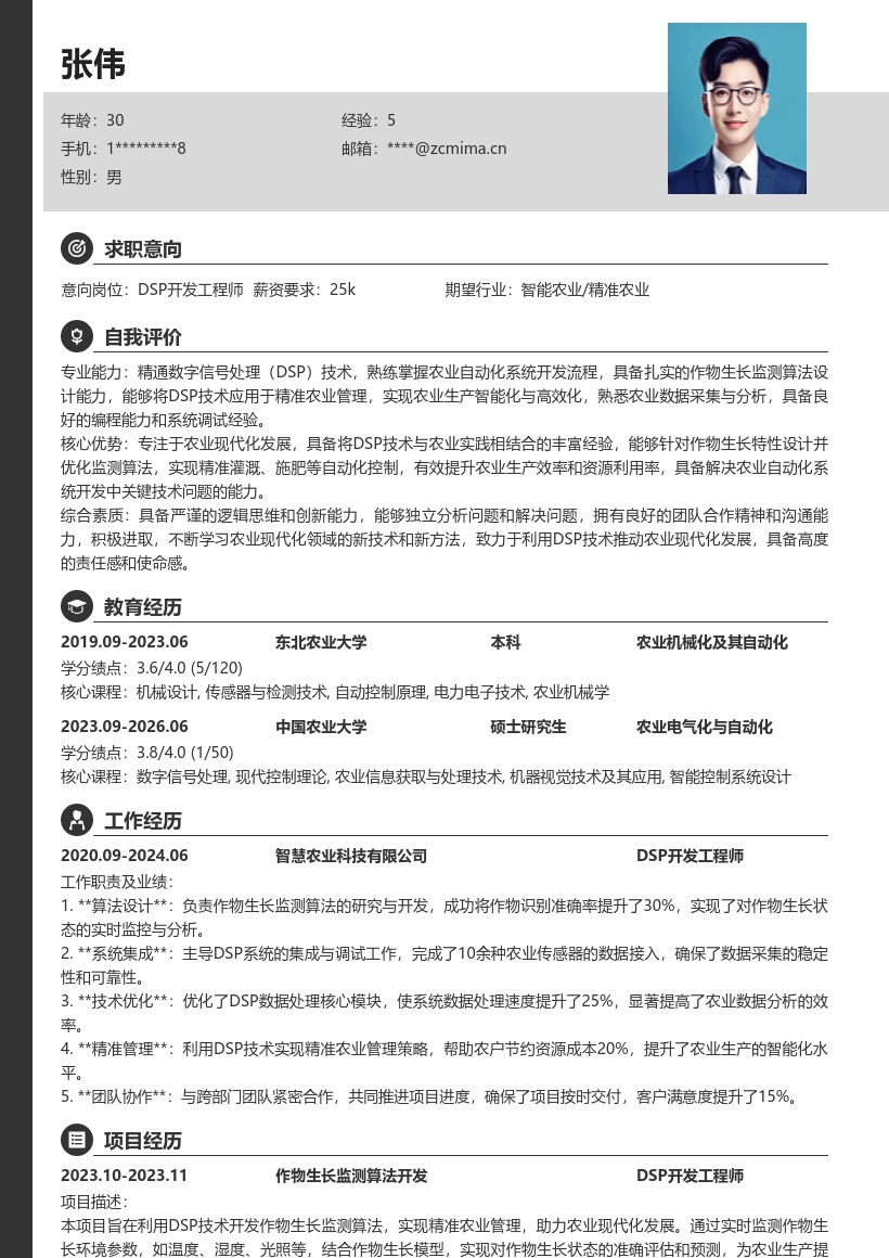 DSP开发岗位精准农业监测简历模板