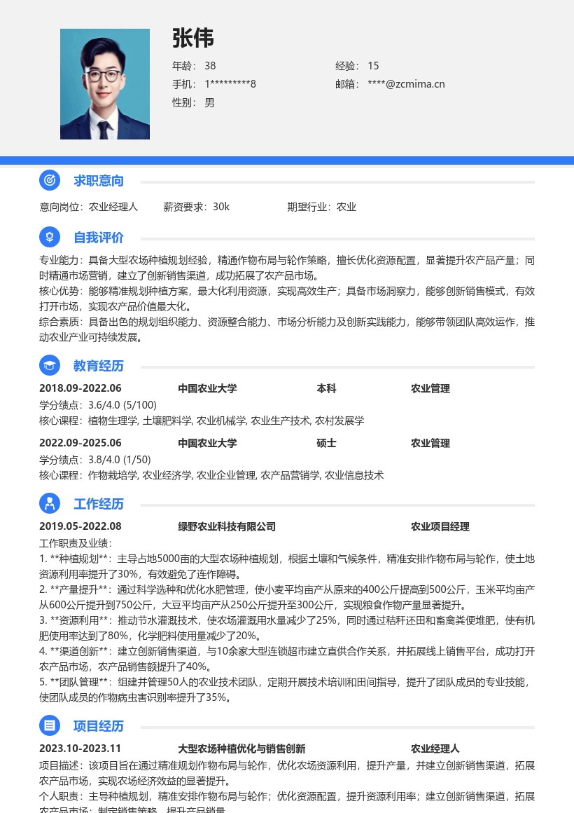 20多套农业经理人岗位简历模板合集word版