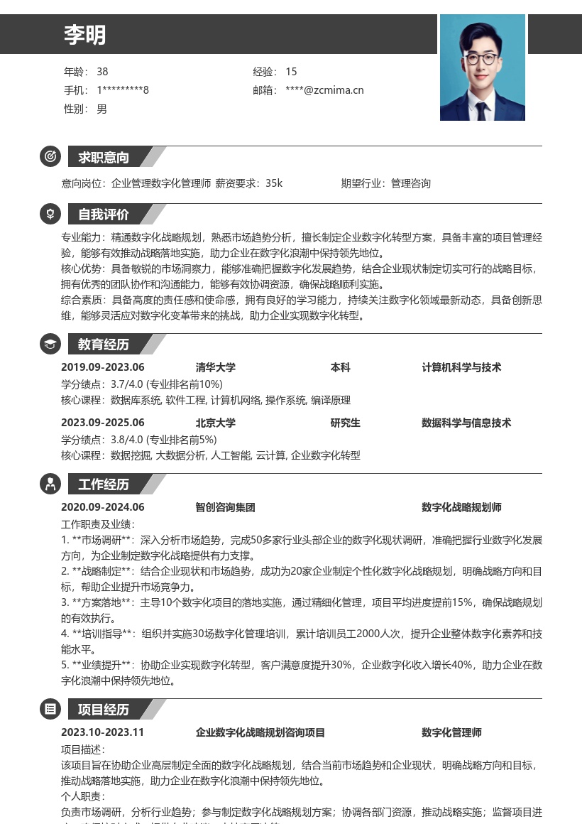 企业管理数字化管理师简历模板助领先 