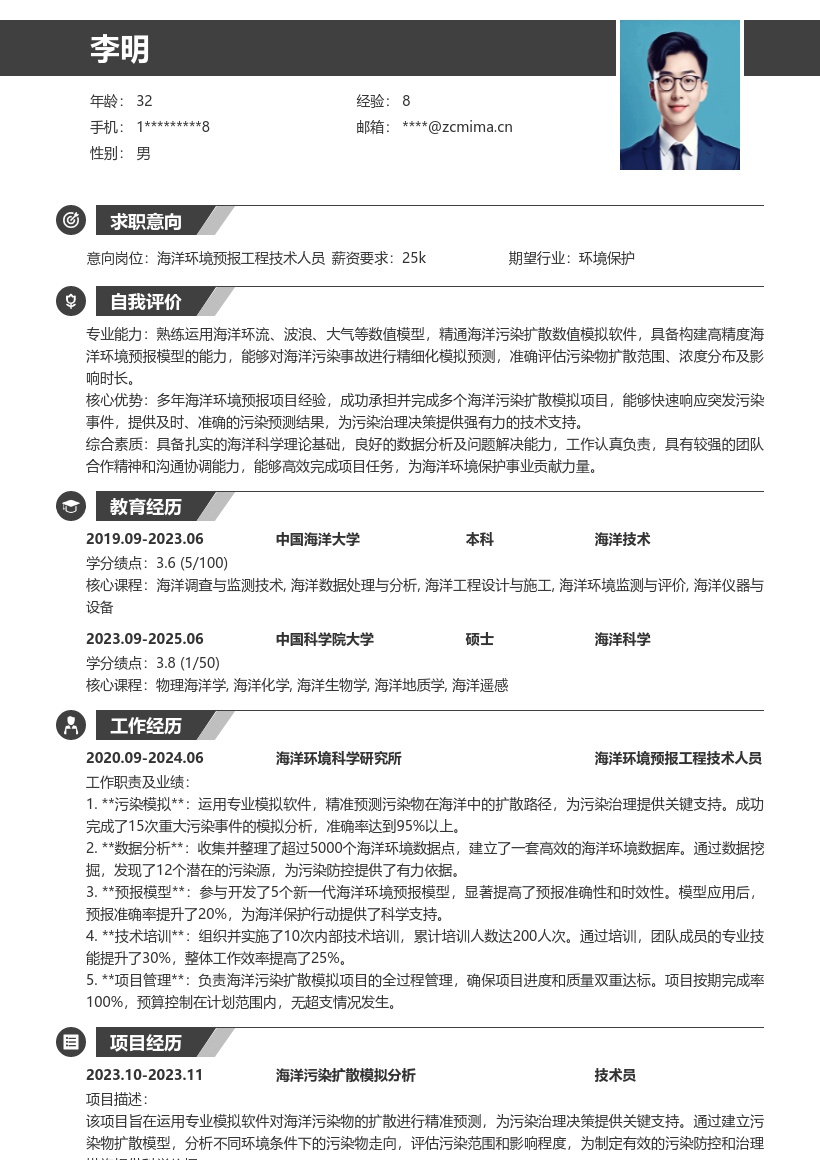 海洋环境预报工程技术人员简历模板 含污染模拟 