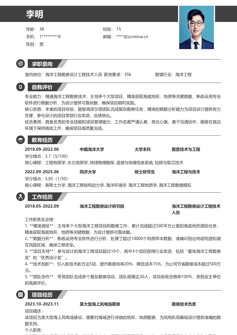 海洋工程勘察设计工程技术人员简历模板