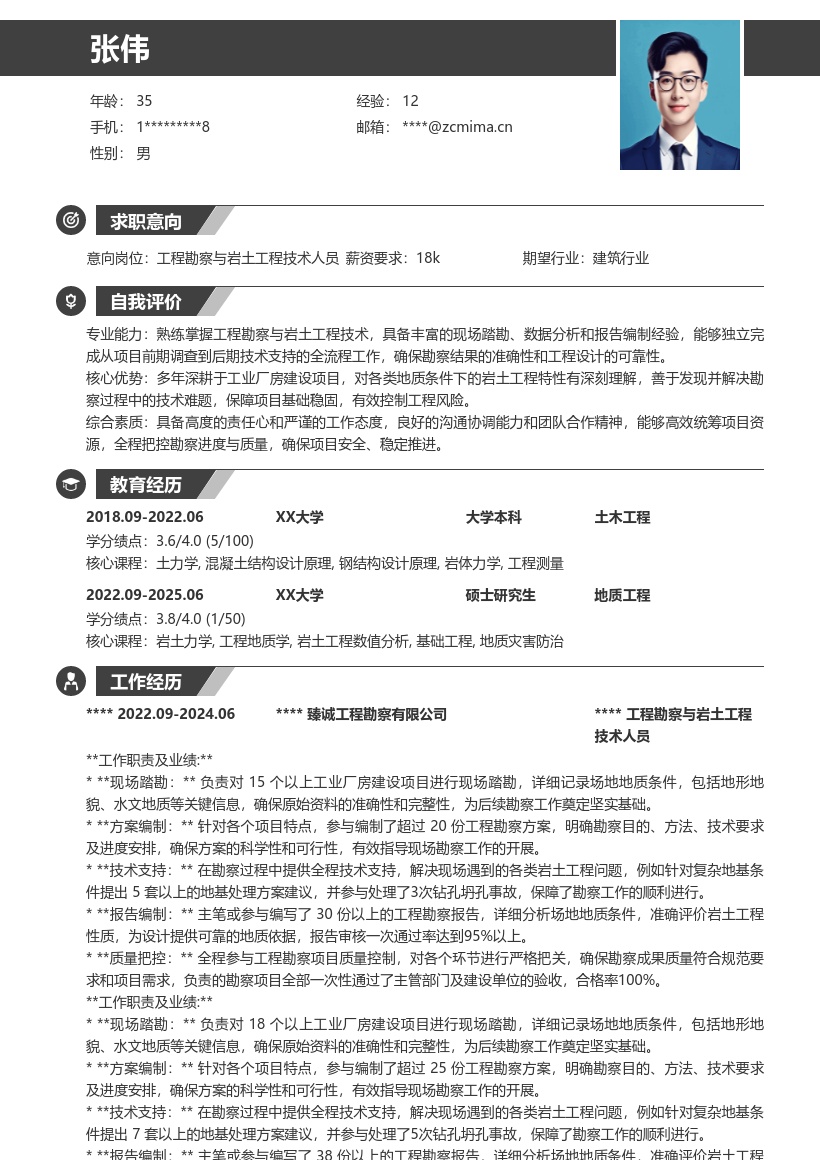 工程勘察与岩土工程技术人员简历模板