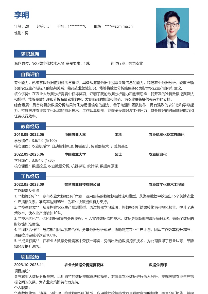 农业数字化技术人员竞赛获奖简历模板