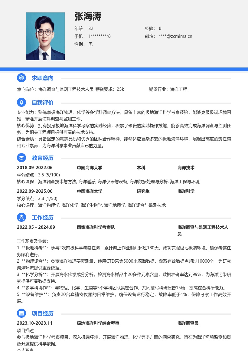 海洋调查与监测工程技术人员简历模板