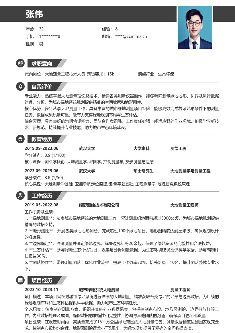 大地测量工程技术人员助力生态简历模板