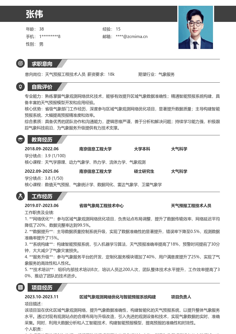 天气预报工程技术人员省级工作简历模板