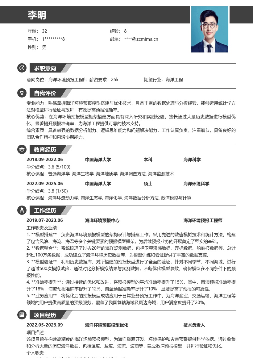 20多套海洋环境预报工程技术人员岗位简历模板合集word版