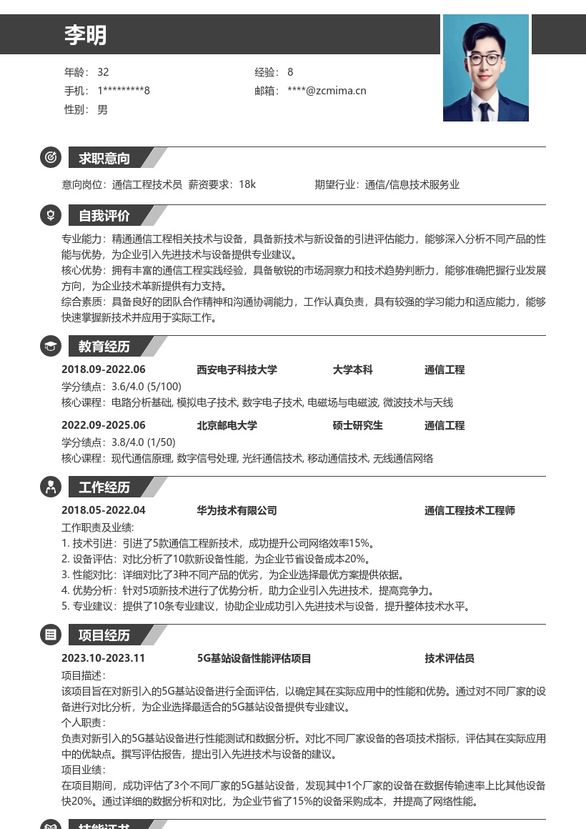 通信工程技术人员新技术引进评估简历模板