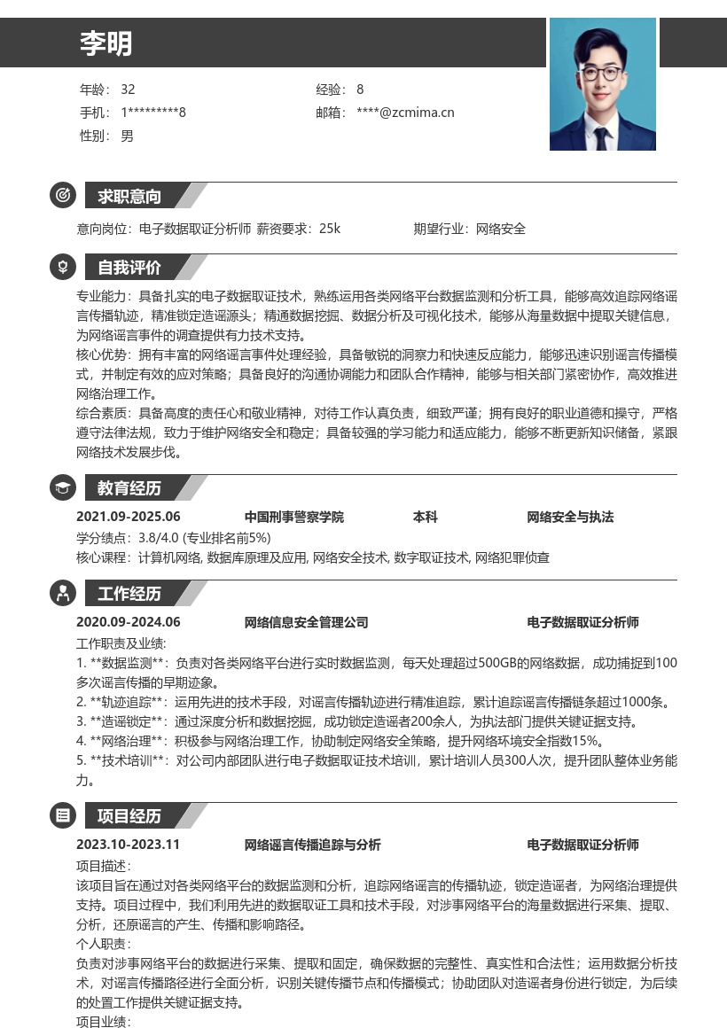 电子数据取证分析师网络谣言追踪简历模板