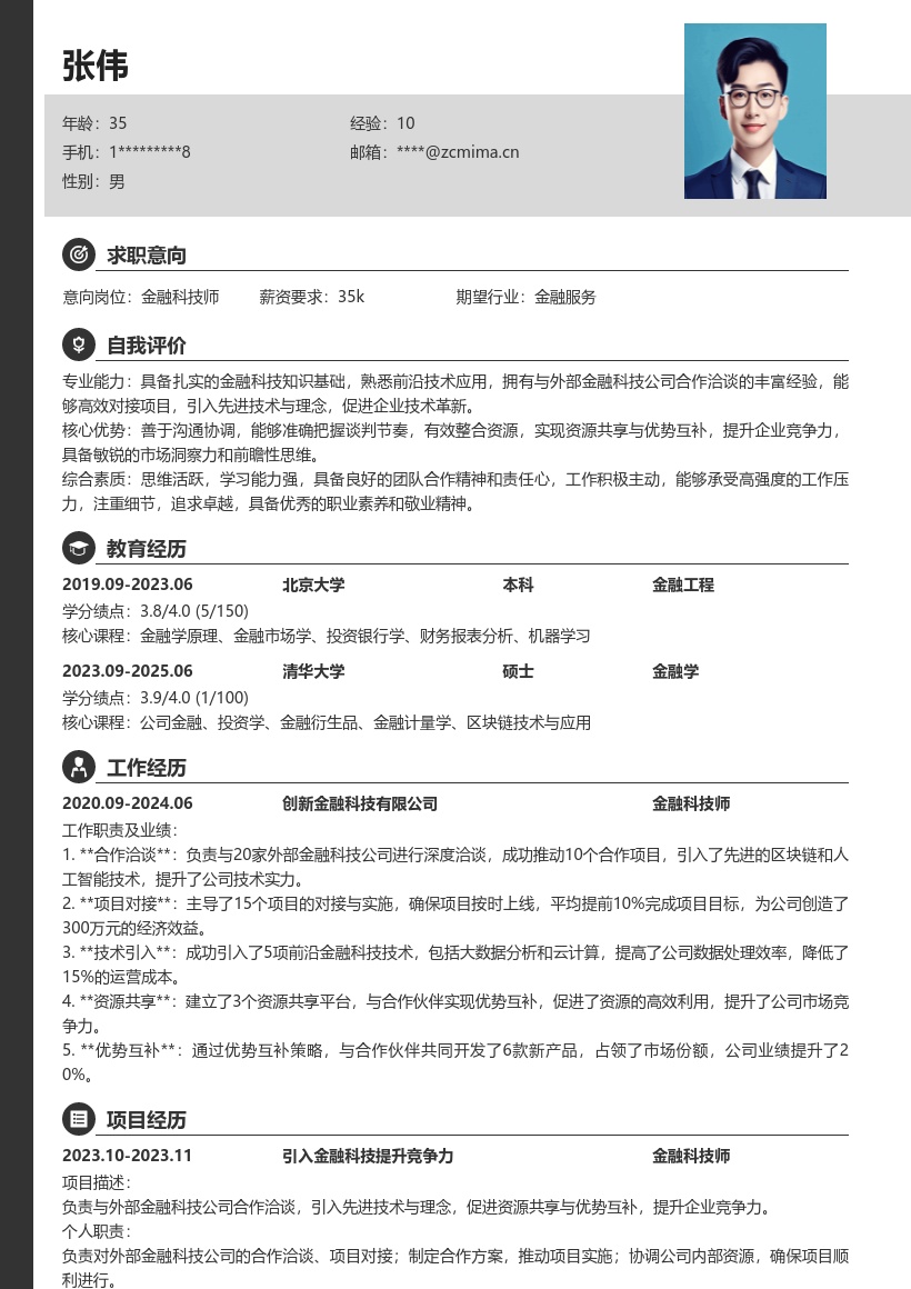 金融科技师负责合作对接提升竞争力简历模板