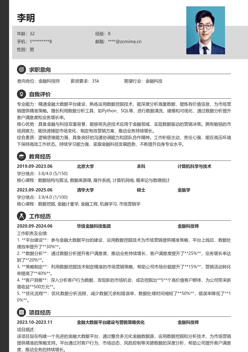 金融科技师参与平台建设精准营销简历模板