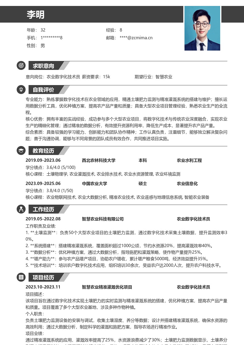 农业数字化技术员丰富项目经验简历模板