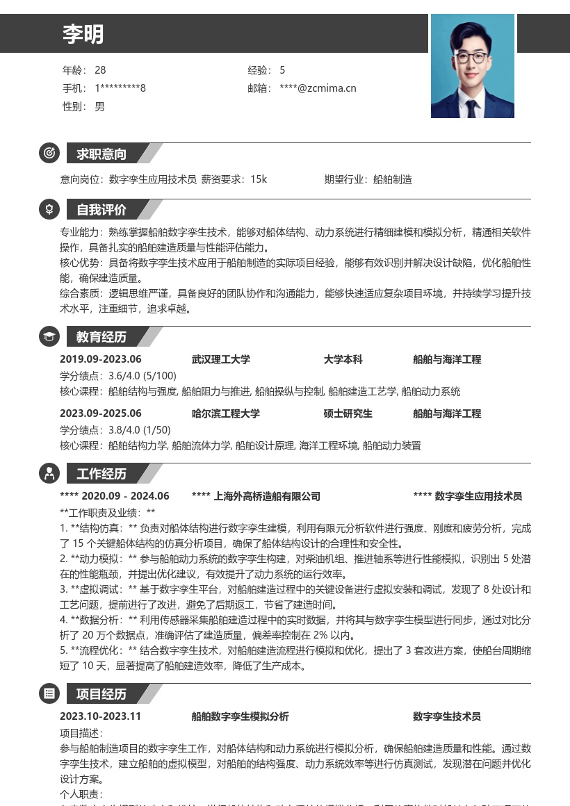 数字孪生应用技术员船舶制造简历模板