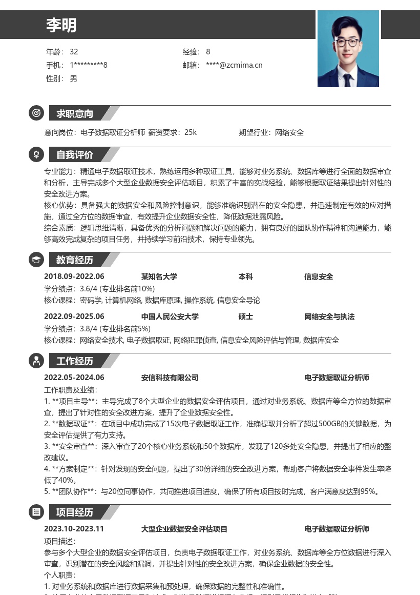 电子数据取证分析师岗位简历模板含项目经验 