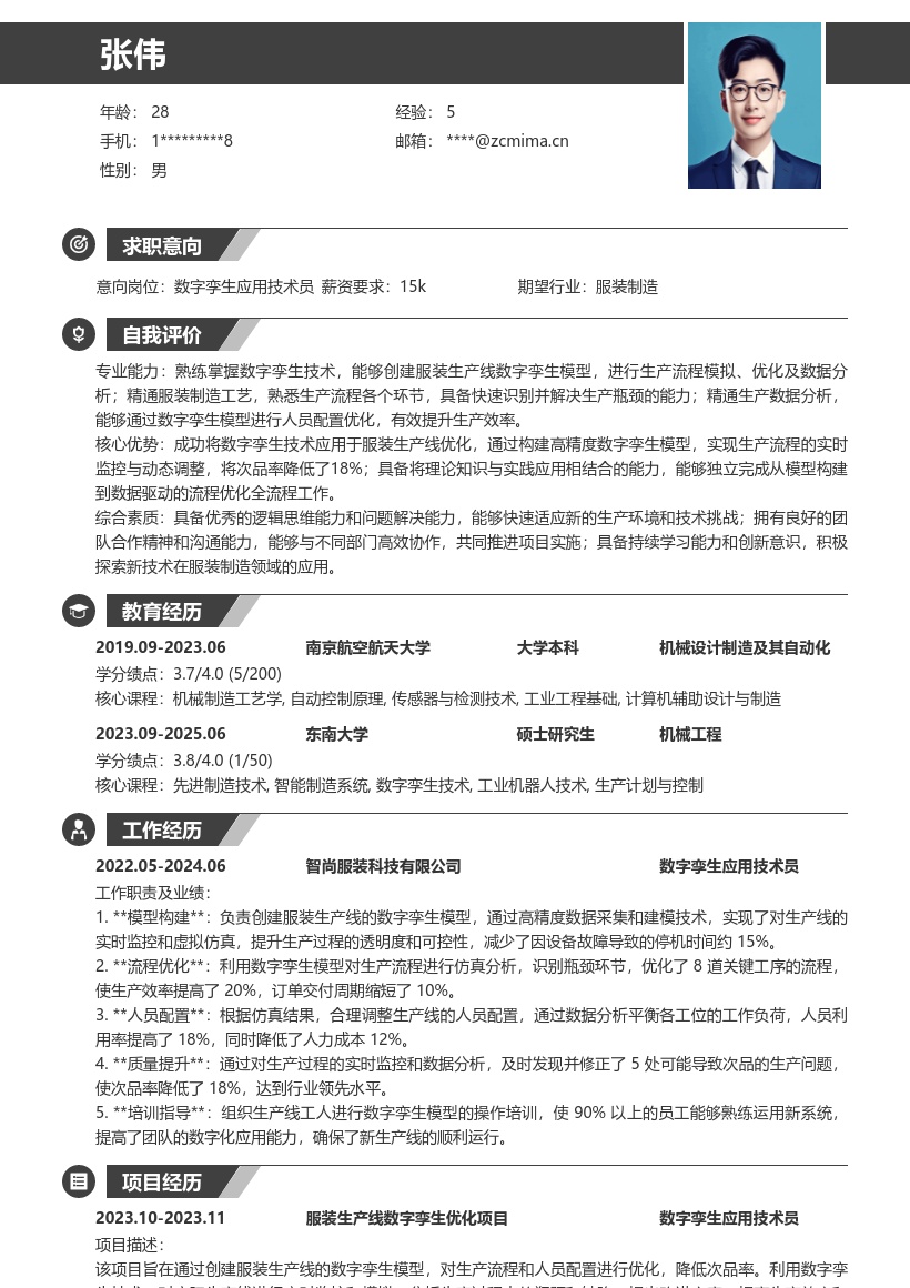 数字孪生应用技术员服装制造简历模板