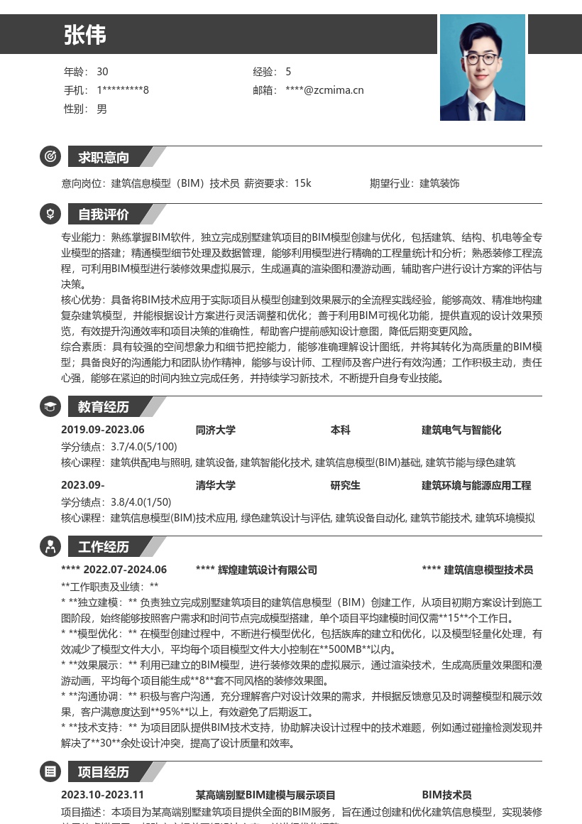 建筑信息模型技术员别墅项目简历模板