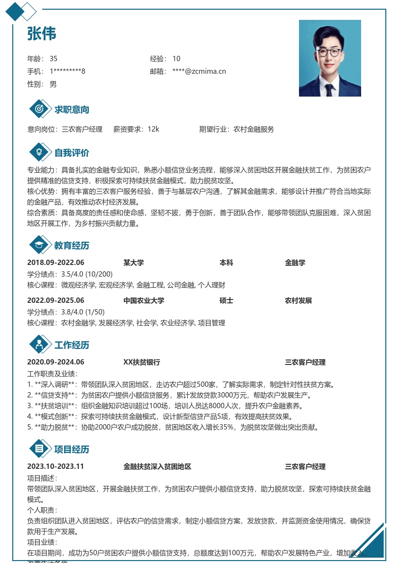 三农客户经理金融扶贫简历模板