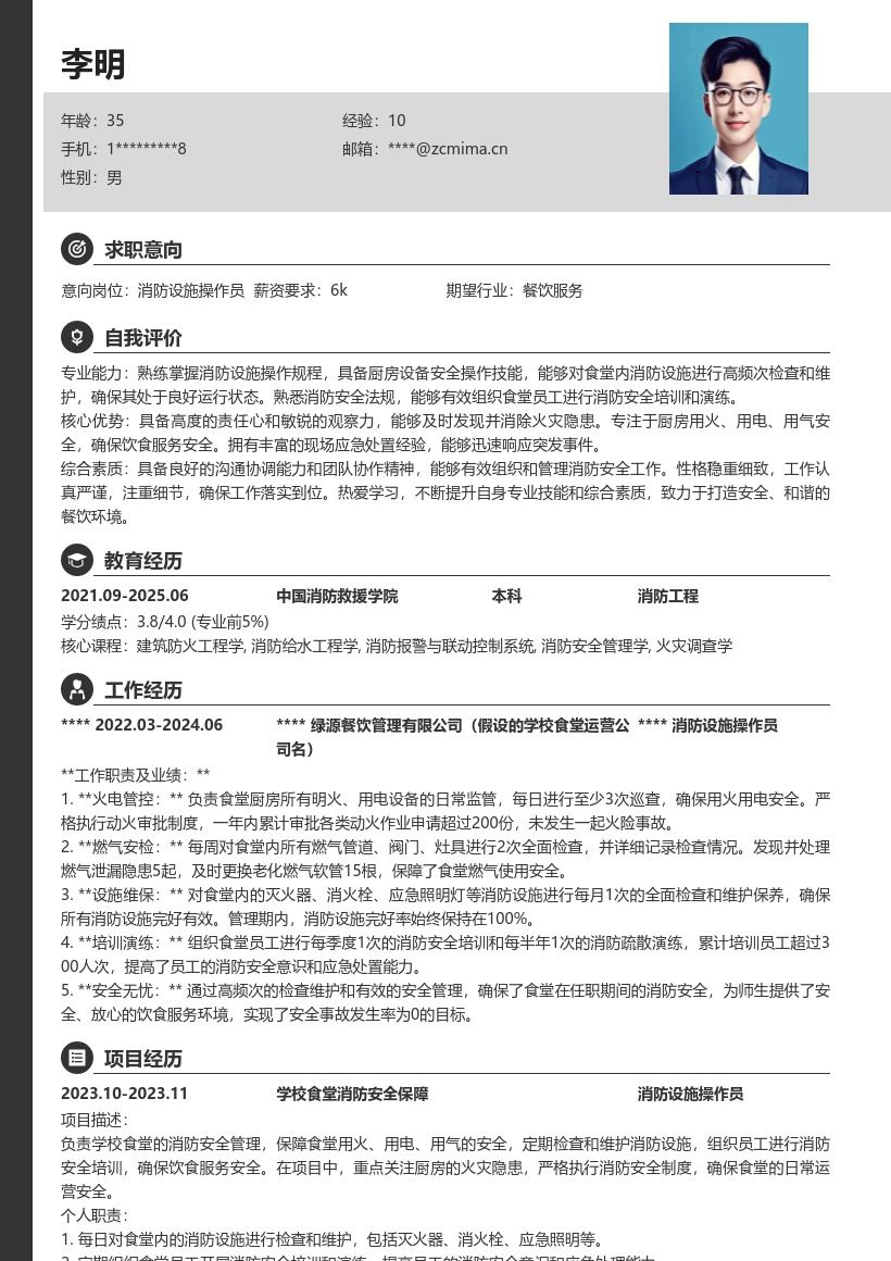 学校食堂消防设施操作员简历模板