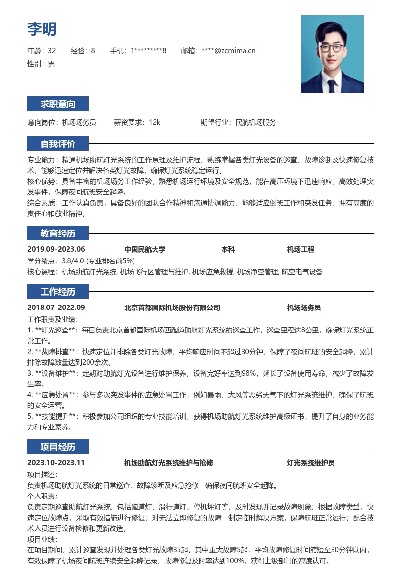 机场场务岗位保障灯光安全简历模板