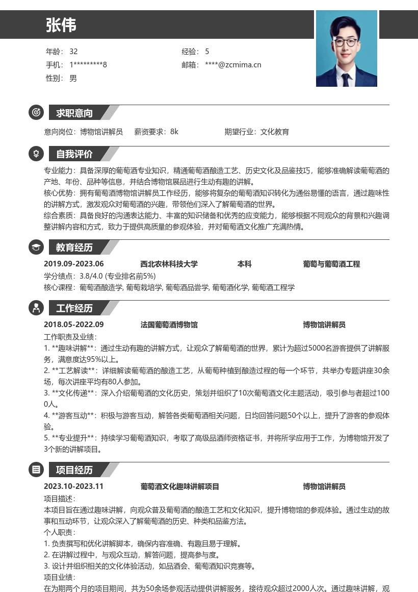 葡萄酒博物馆讲解员简历模板含工作亮点 