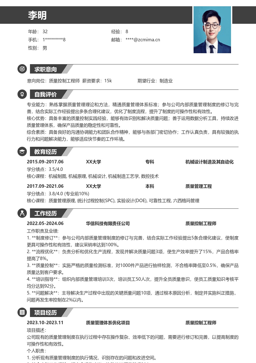 质量控制工程师参与制度完善简历模板