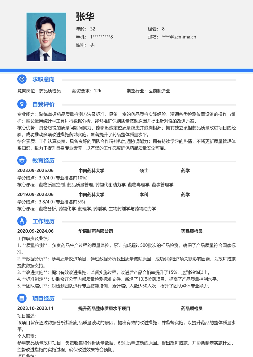药品质检员参与质量改进简历模板