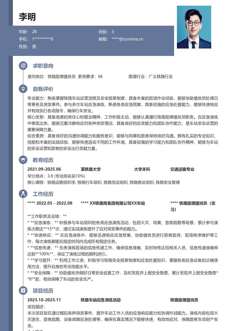 铁路助理值班员应急能力简历模板
