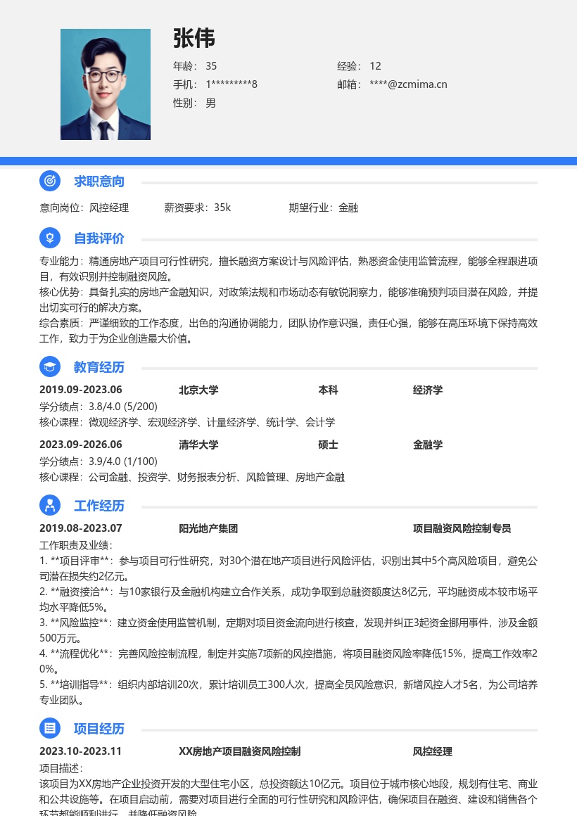 房地产项目融资风控岗简历模板