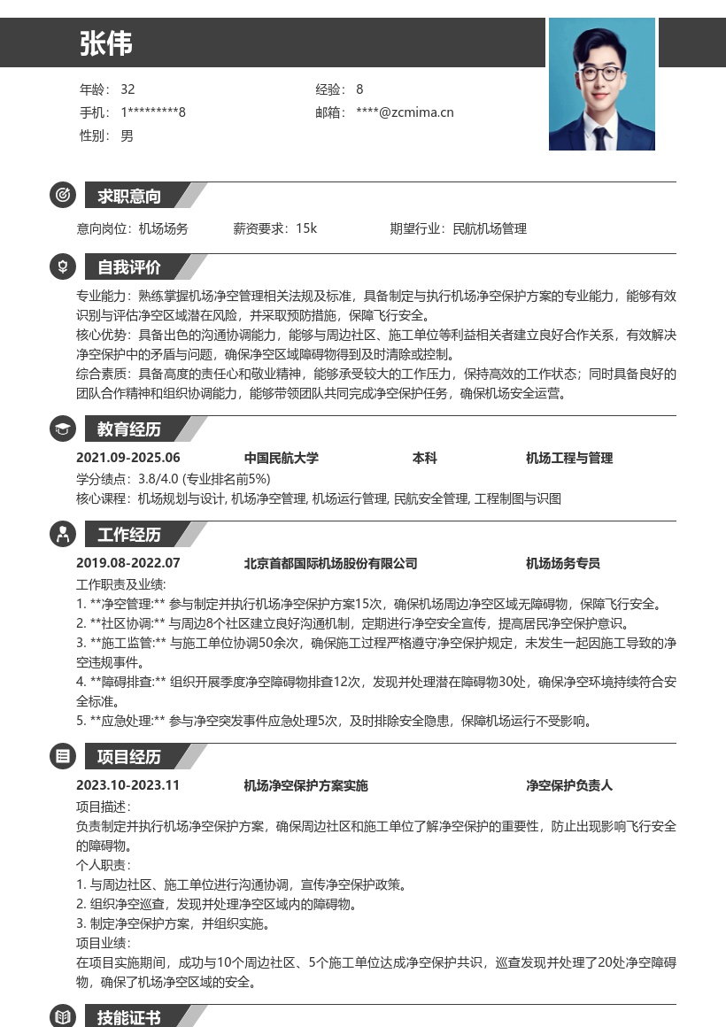 机场场务净空保护简历模板来啦