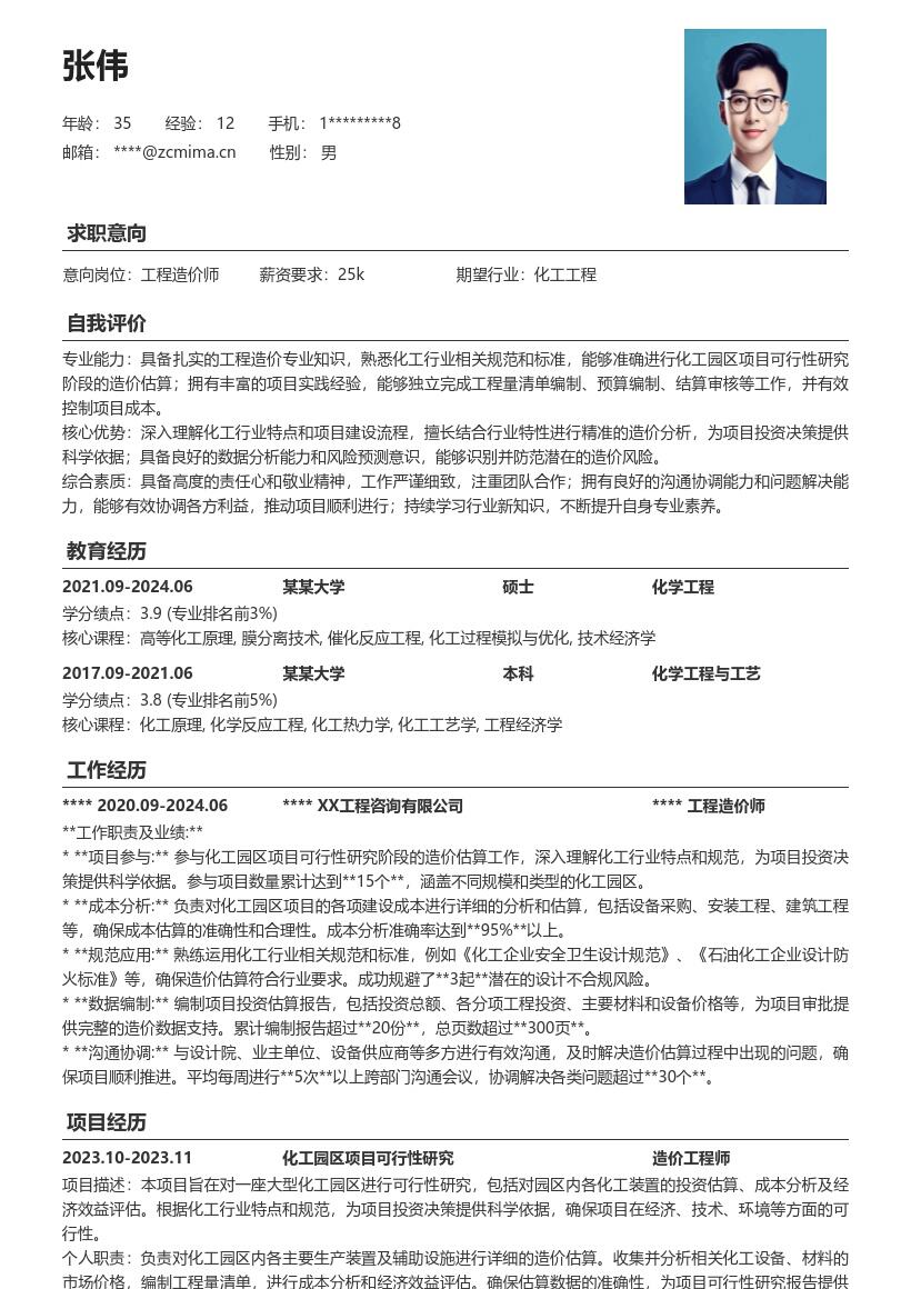 工程造价师化工园区项目简历模板
