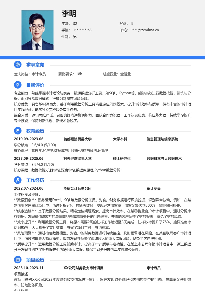 审计专员精准定位线索提高效率简历模板