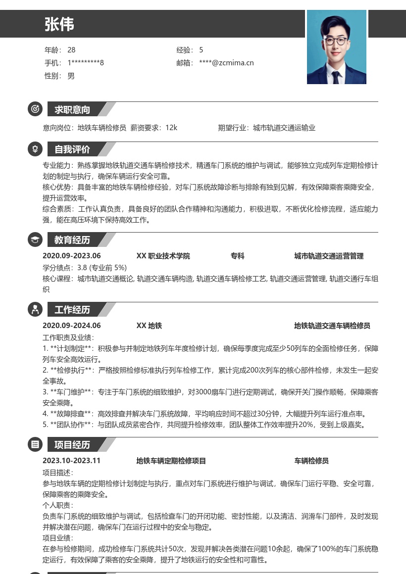 20多套地铁轨道交通车辆检修员岗位简历模板合集word版