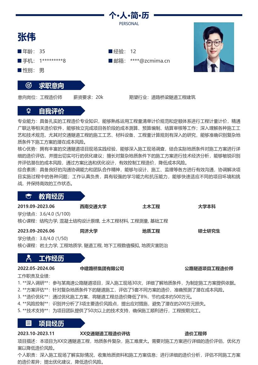 工程造价师复杂地质项目简历模板