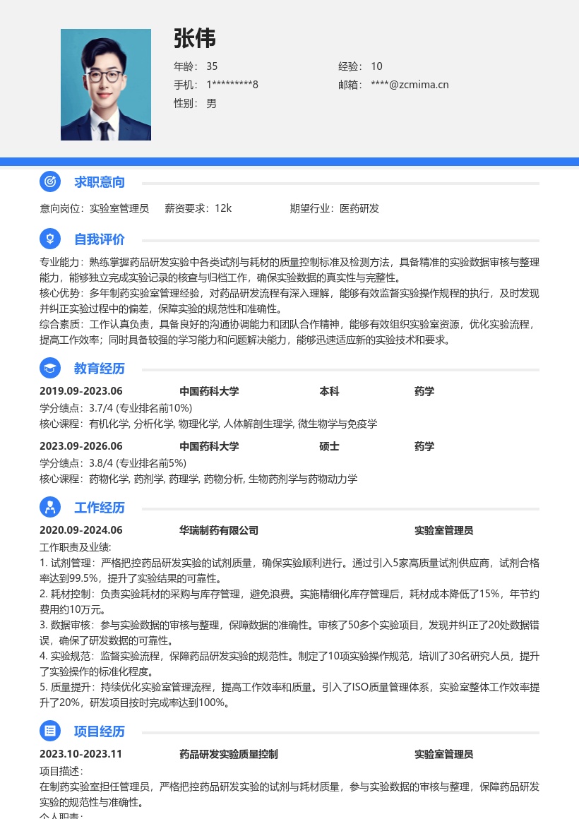 制药实验室管理员保障实验简历模板