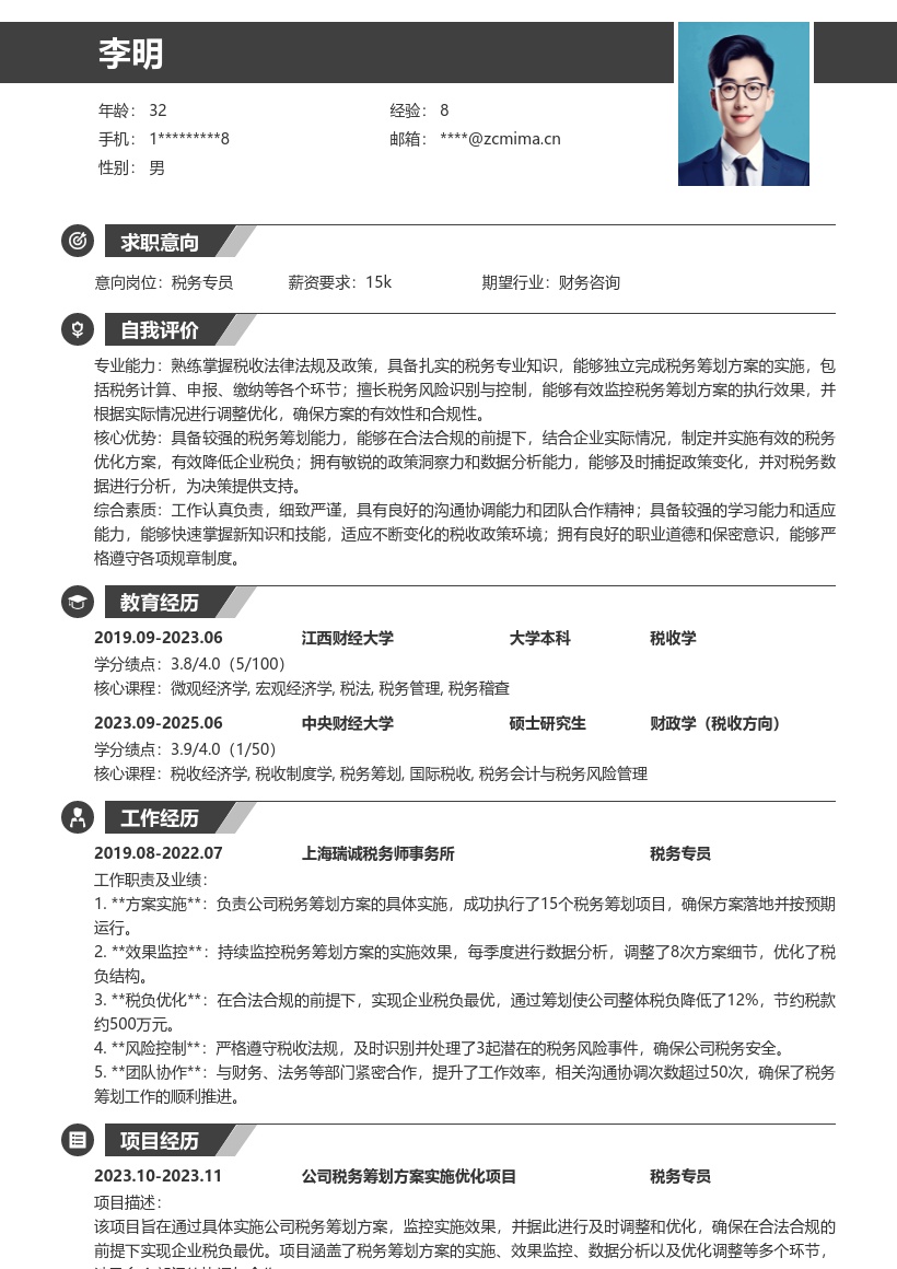 税务专员监控税负优化方案简历模板