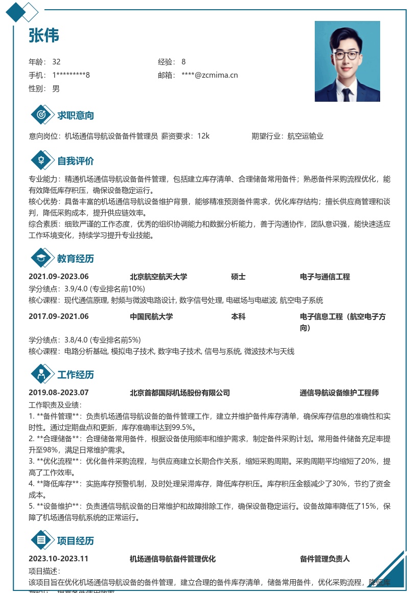 机场通信导航备件管理岗位简历模板