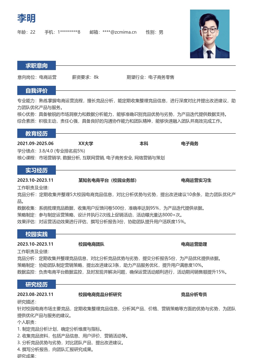 电商运营校招竞品分析助力简历模板