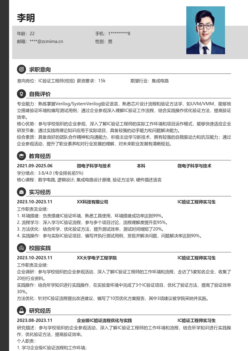 IC验证工程师校招含实践优化简历模板