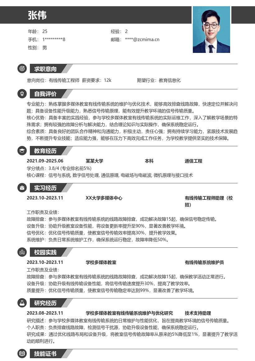 有线传输工程师校招参与多媒体维护简历模板