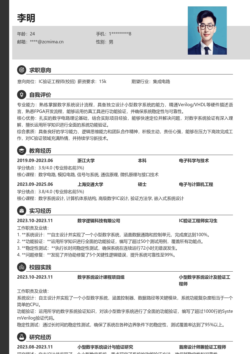 IC验证工程师校招小型数字系统简历模板