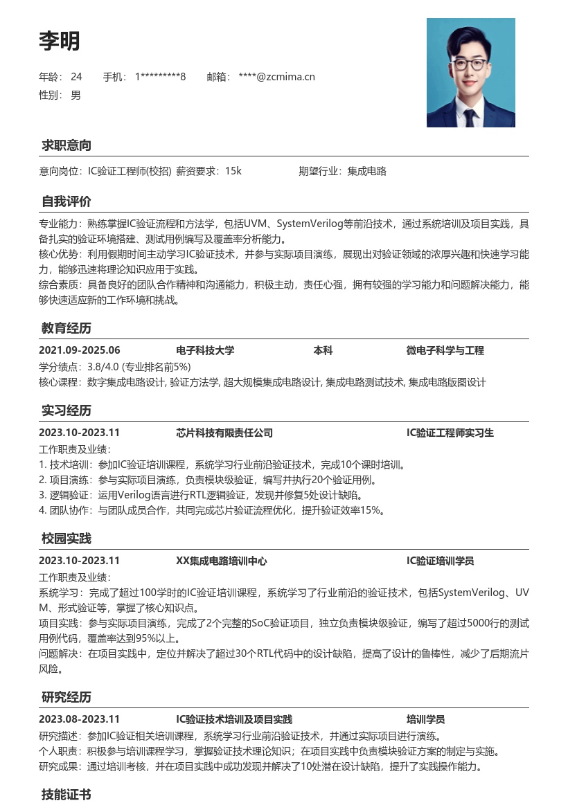 IC验证工程师校招假期培训实践简历模板